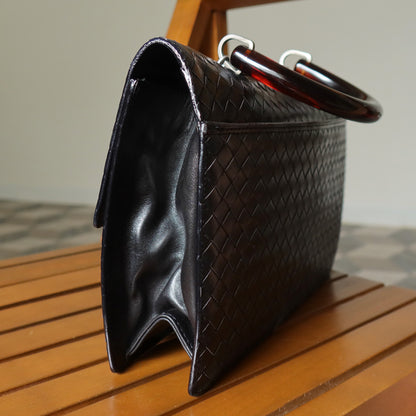 Rare Bottega Veneta Vintage Black Intrecciato Resin Top handle 2way Flap Bag