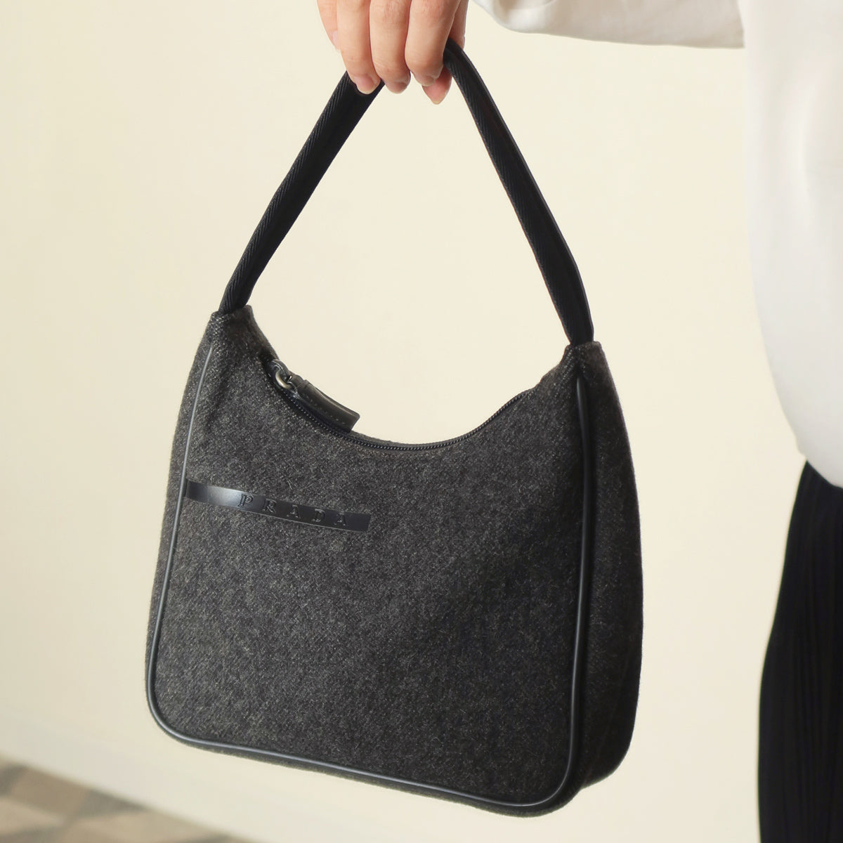Prada Vintage Charcoal Grey Wool x Nylon Hobo Bag