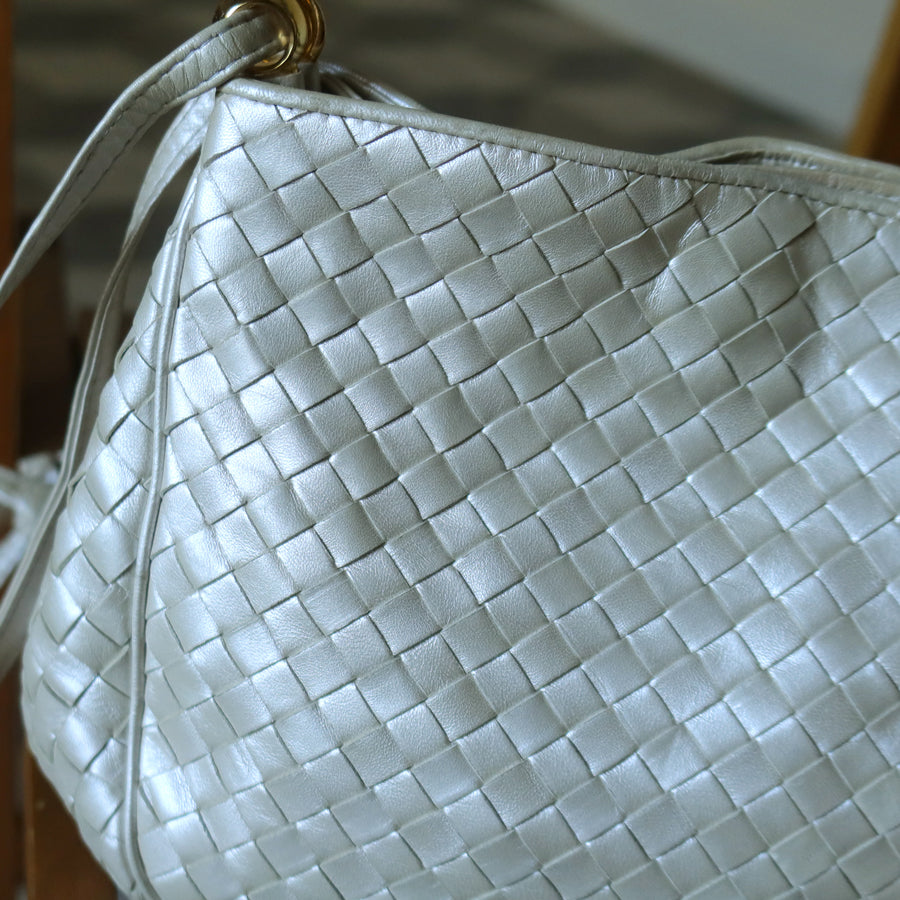 Vintage Bottega Veneta Pearly Ivory Intrecciato Leather 2way Shoulder Bag