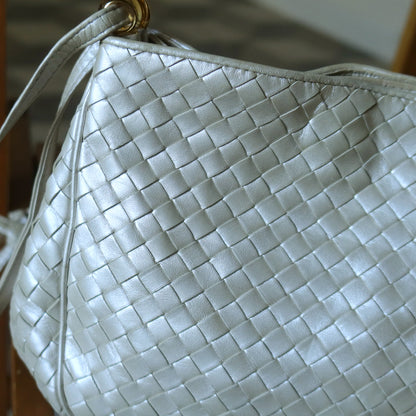 Vintage Bottega Veneta Pearly Ivory Intrecciato Leather 2way Shoulder Bag