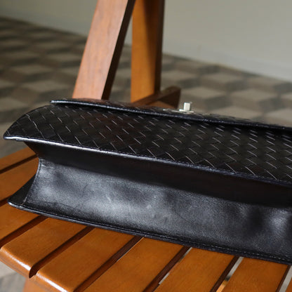 Rare Bottega Veneta Vintage Black Intrecciato Resin Top handle 2way Flap Bag