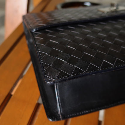 Rare Bottega Veneta Vintage Black Intrecciato Resin Top handle 2way Flap Bag