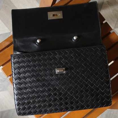 Rare Bottega Veneta Vintage Black Intrecciato Resin Top handle 2way Flap Bag