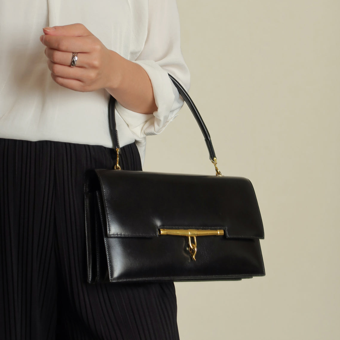 Vintage Hermes 1950s Black Box Calf Leather Shoulder Bag