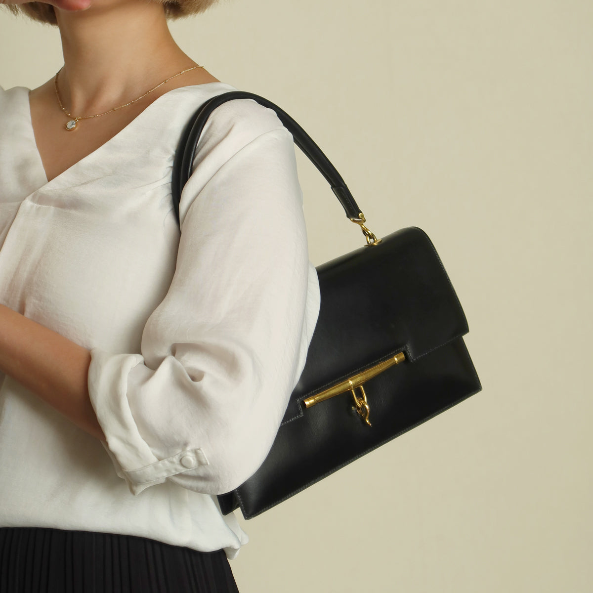 Vintage Hermes 1950s Black Box Calf Leather Shoulder Bag