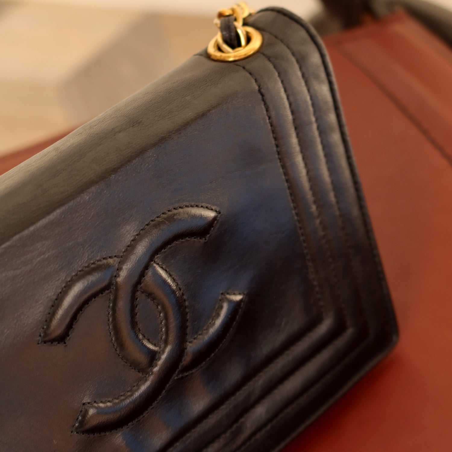 Chanel Vintage Stitched CC mark Black Lambskin Flap Bag