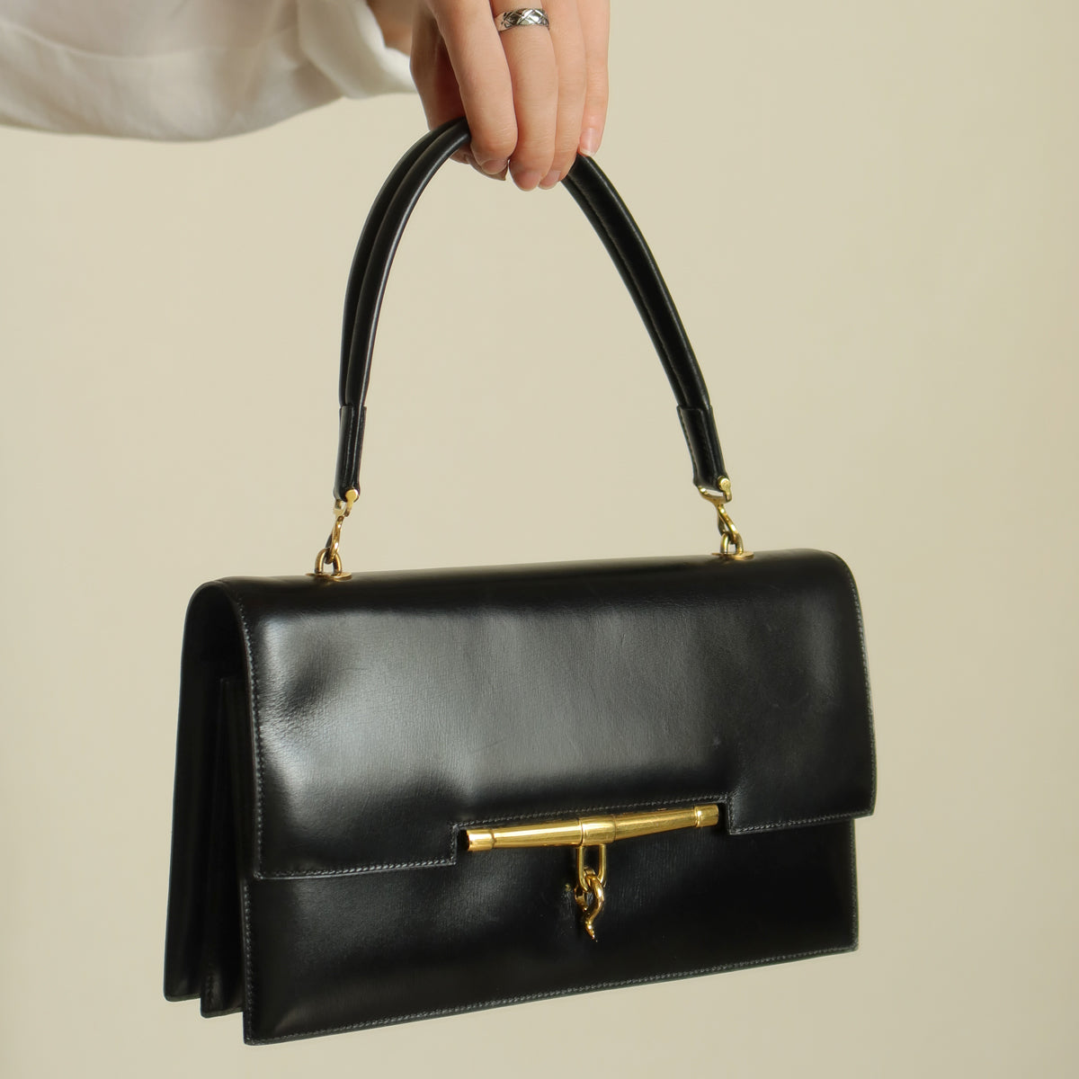 Vintage Hermes 1950s Black Box Calf Leather Shoulder Bag