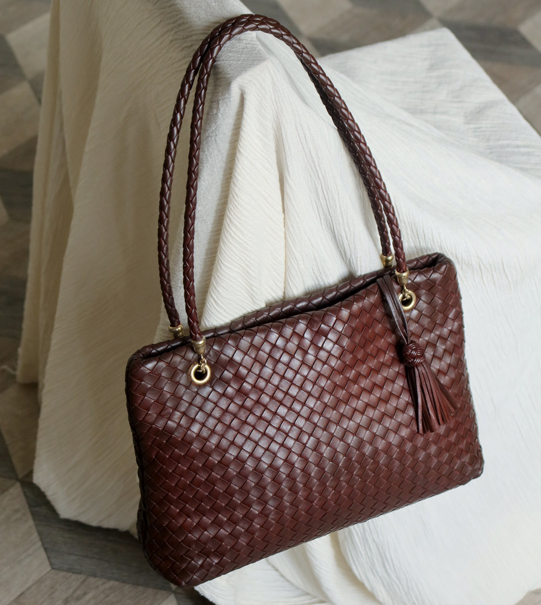 Rare Bottega Veneta Vintage Dark Brown Intrecciato Braided Strap Shoulder Bag