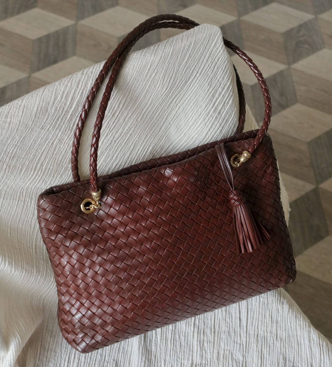 Rare Bottega Veneta Vintage Dark Brown Intrecciato Braided Strap Shoulder Bag