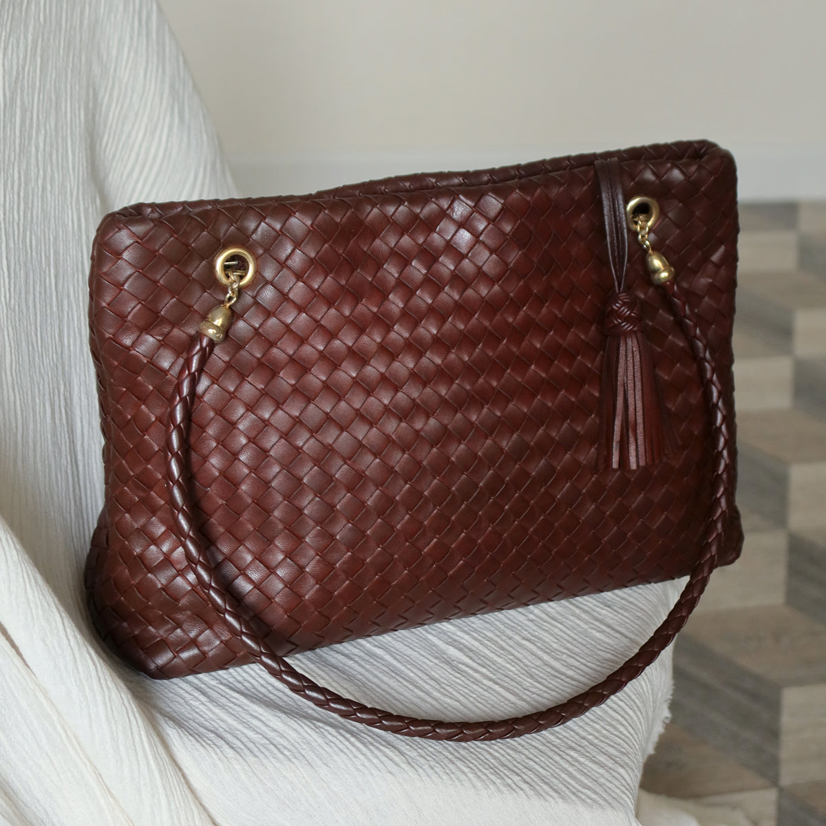 Rare Bottega Veneta Vintage Dark Brown Intrecciato Braided Strap Shoulder Bag