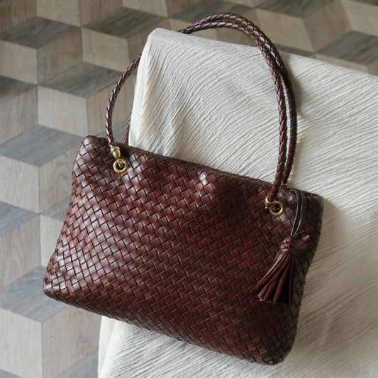 Rare Bottega Veneta Vintage Dark Brown Intrecciato Braided Strap Shoulder Bag