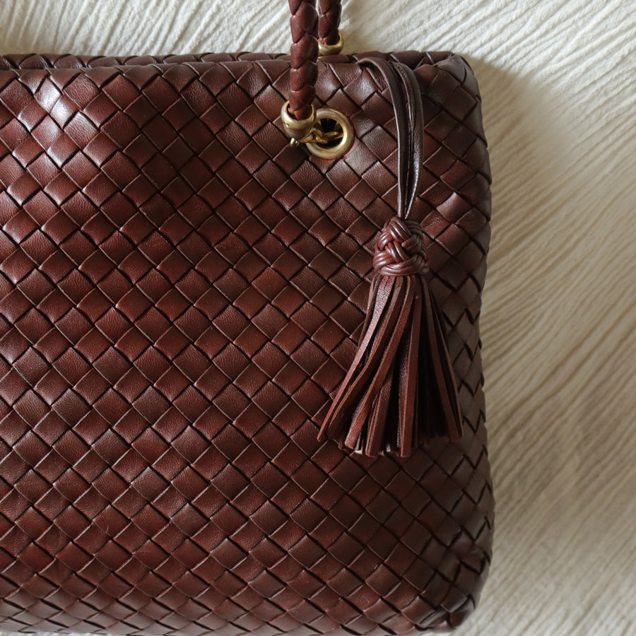 Rare Bottega Veneta Vintage Dark Brown Intrecciato Braided Strap Shoulder Bag
