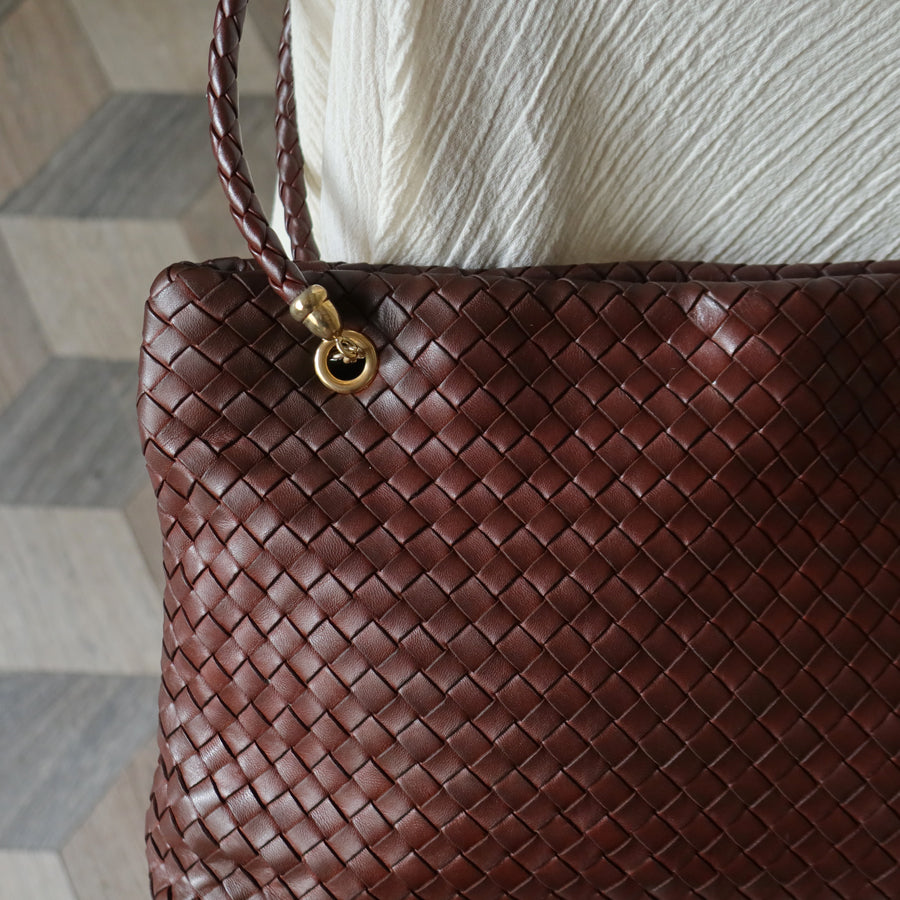 Rare Bottega Veneta Vintage Dark Brown Intrecciato Braided Strap Shoulder Bag