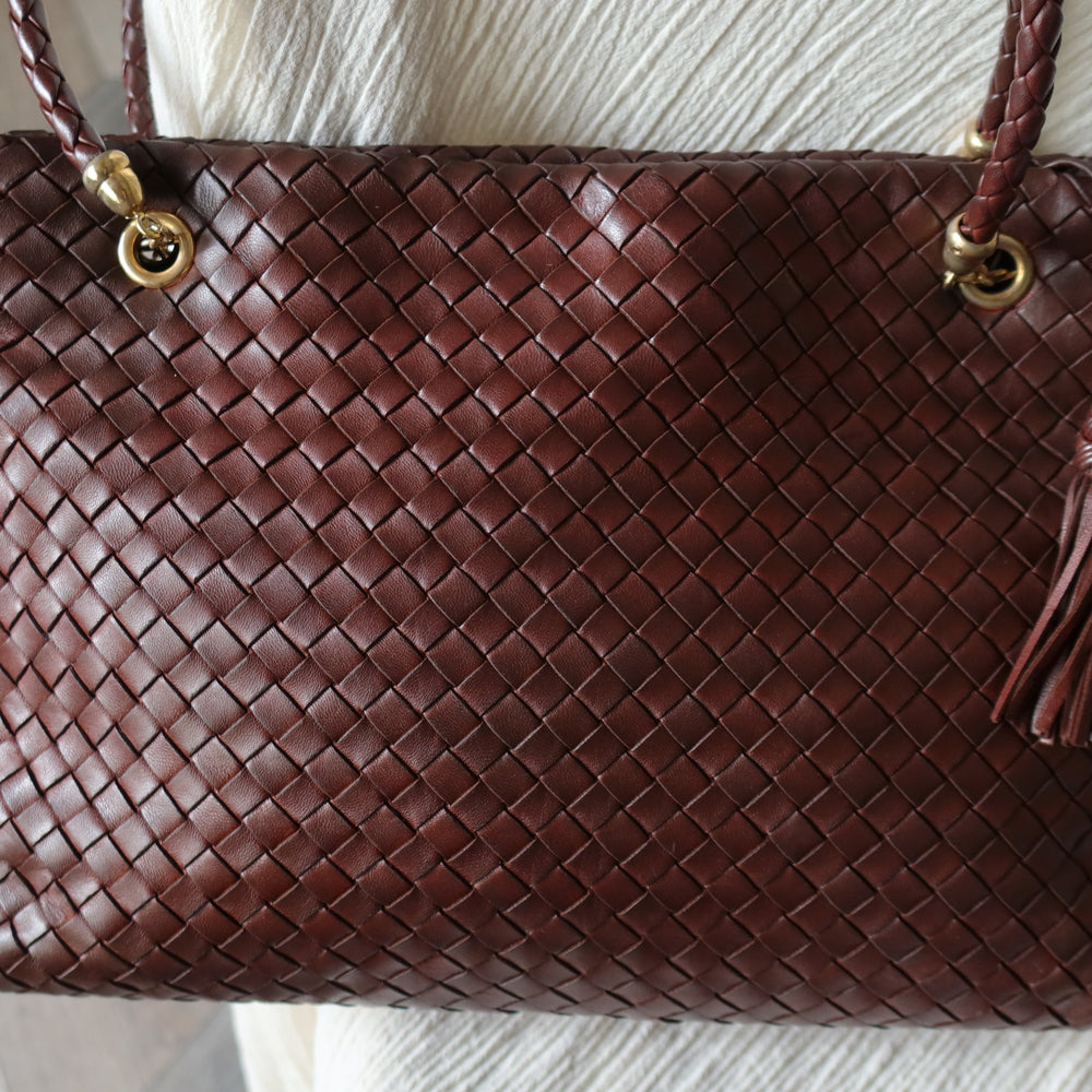 Rare Bottega Veneta Vintage Dark Brown Intrecciato Braided Strap Shoulder Bag