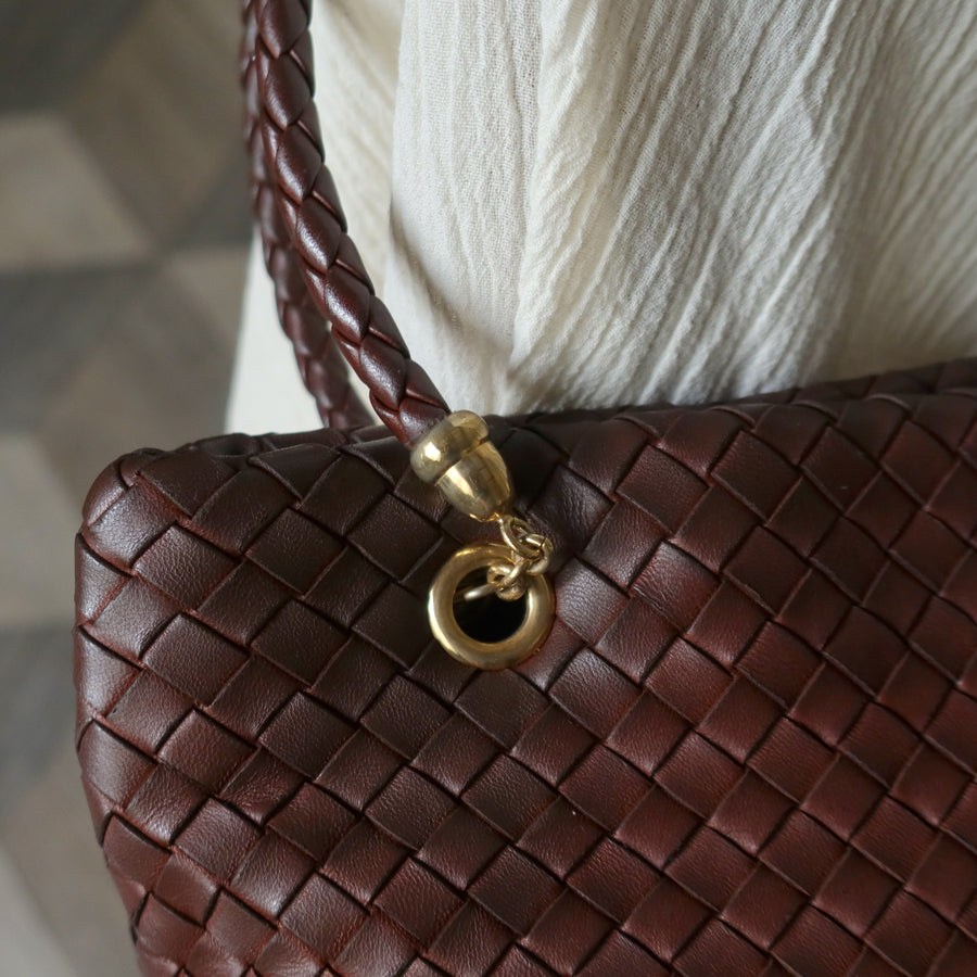 Rare Bottega Veneta Vintage Dark Brown Intrecciato Braided Strap Shoulder Bag