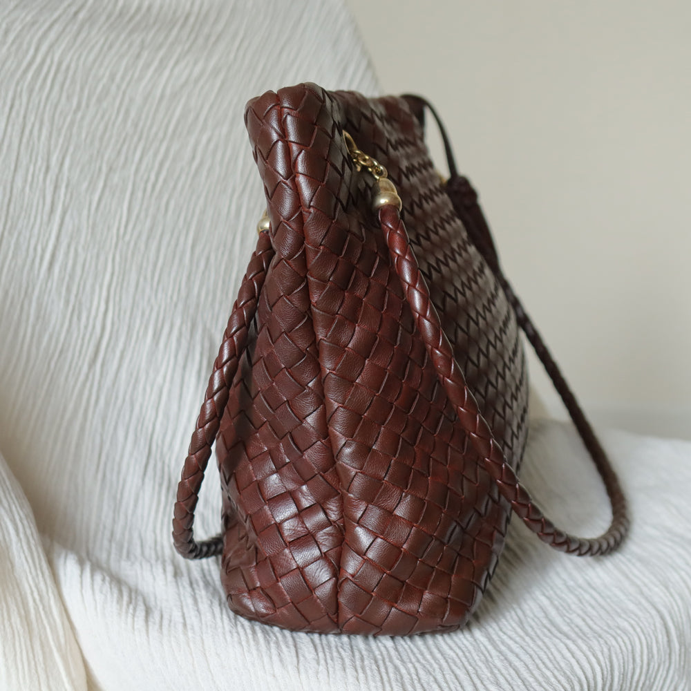 Rare Bottega Veneta Vintage Dark Brown Intrecciato Braided Strap Shoulder Bag