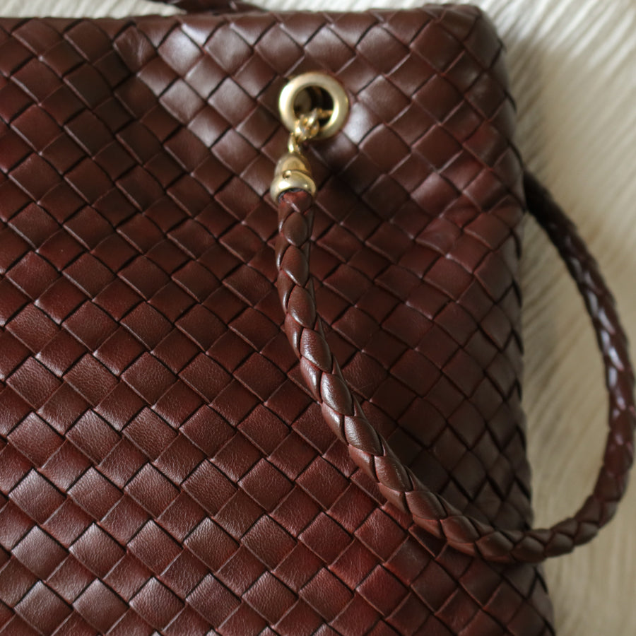 Rare Bottega Veneta Vintage Dark Brown Intrecciato Braided Strap Shoulder Bag