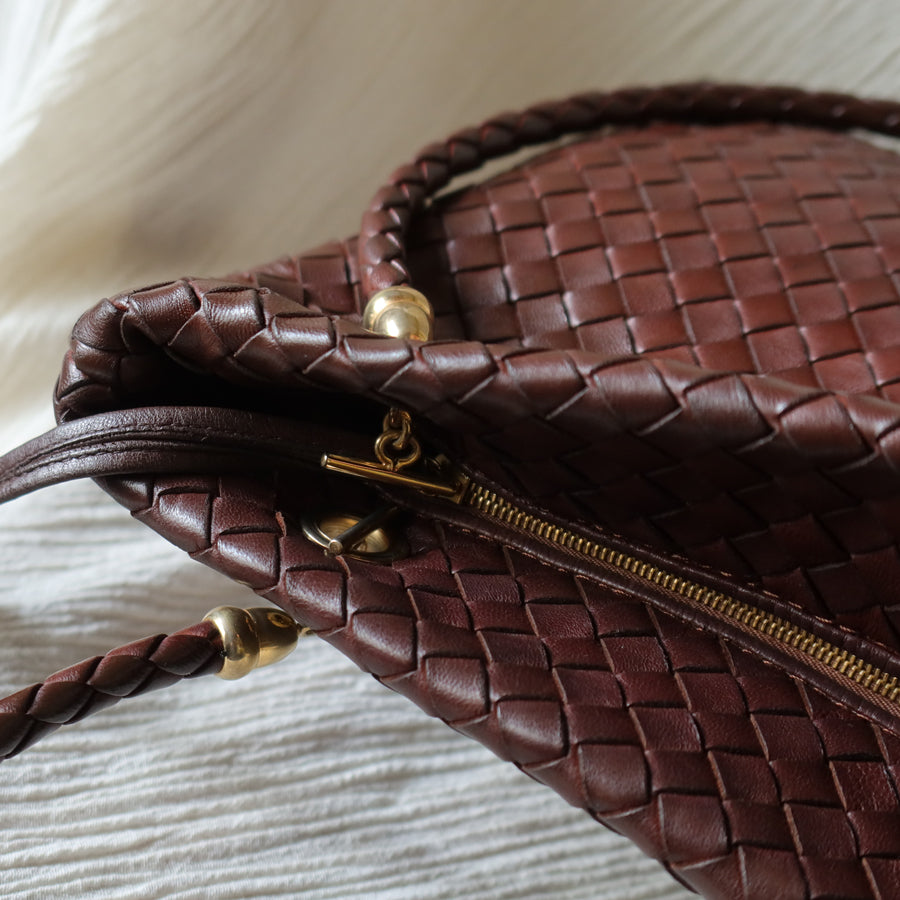 Rare Bottega Veneta Vintage Dark Brown Intrecciato Braided Strap Shoulder Bag