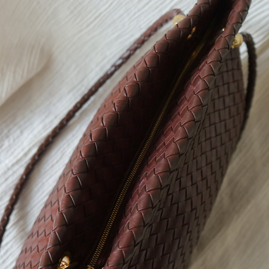 Rare Bottega Veneta Vintage Dark Brown Intrecciato Braided Strap Shoulder Bag