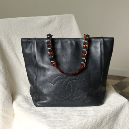 Chanel Vintage Black Caviar Leather Tortoise shell Strap CC mark Shoulder Bag