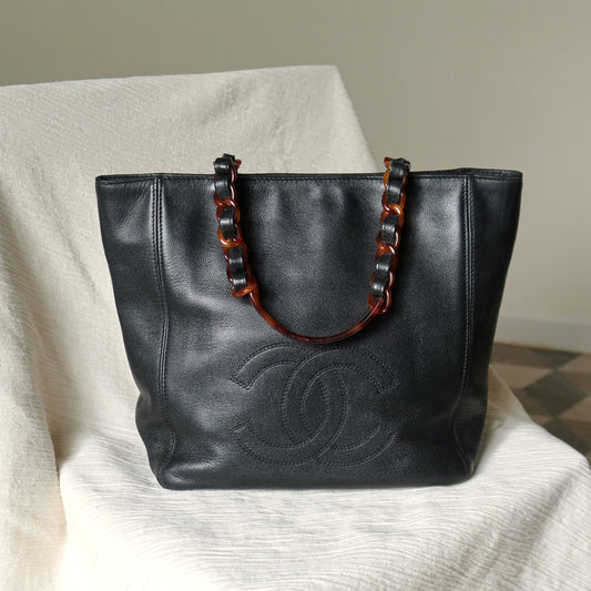 Chanel Vintage Black Caviar Leather Tortoise shell Strap CC mark Shoulder Bag
