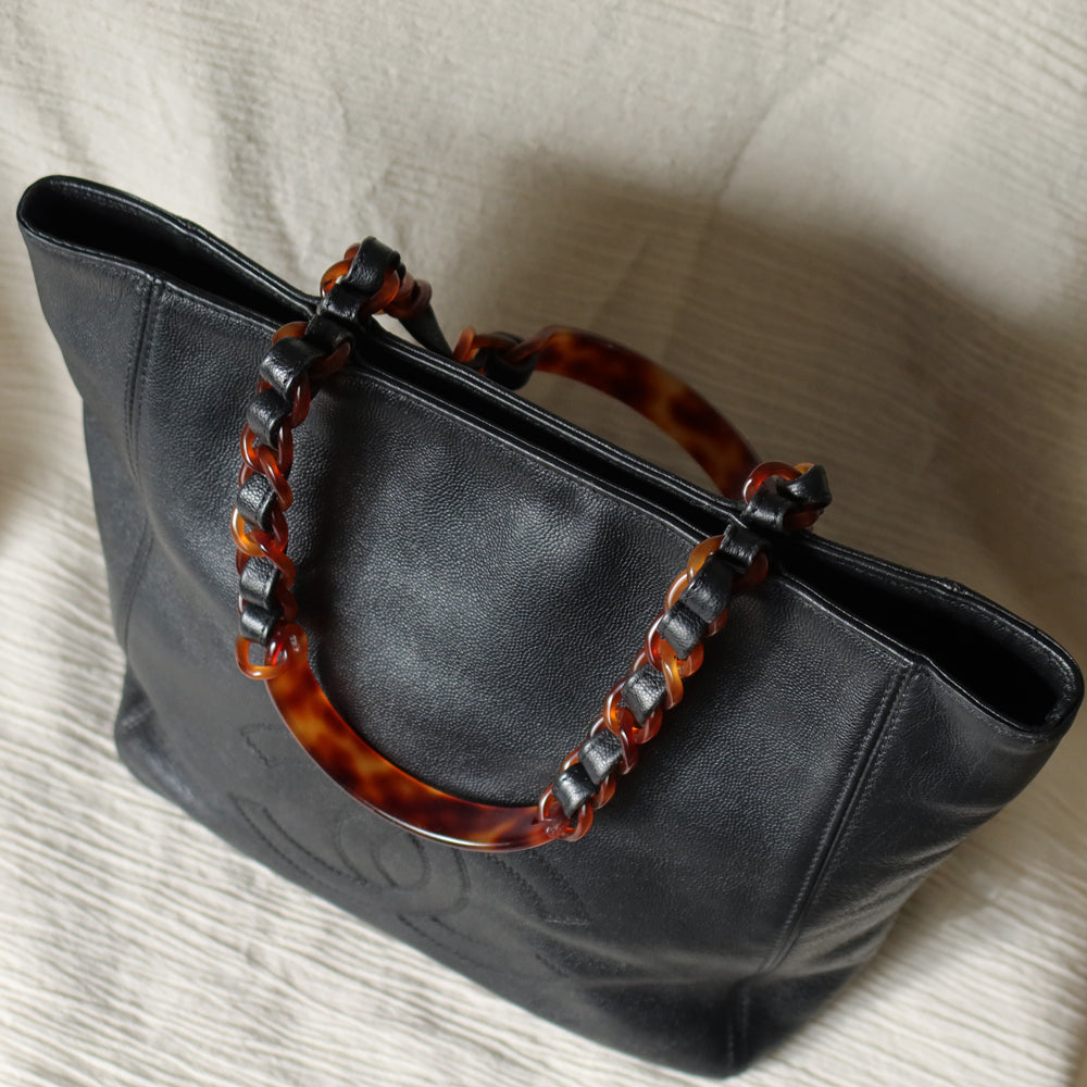 Chanel Vintage Black Caviar Leather Tortoise shell Strap CC mark Shoulder Bag
