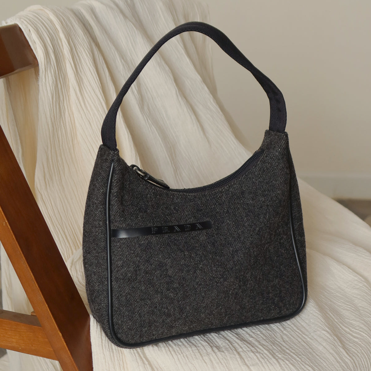Prada Vintage Charcoal Grey Wool x Nylon Hobo Bag
