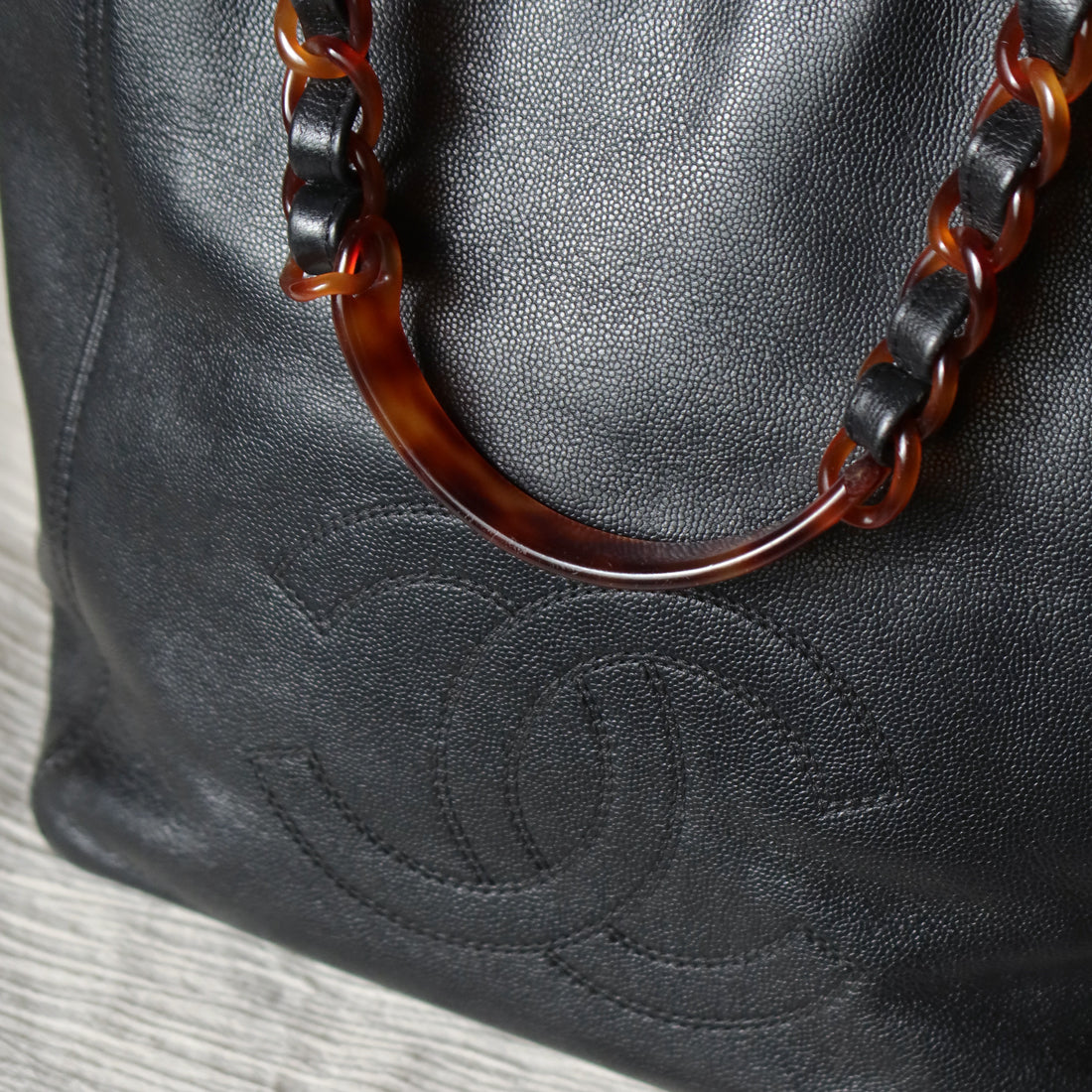 Chanel Vintage Black Caviar Leather Tortoise shell Strap CC mark Shoulder Bag
