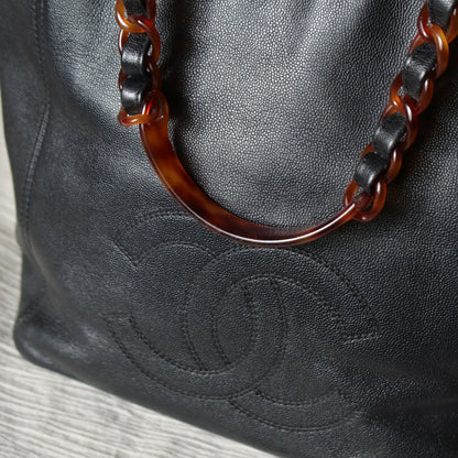 Chanel Vintage Black Caviar Leather Tortoise shell Strap CC mark Shoulder Bag