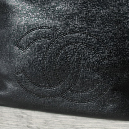 Chanel Vintage Black Caviar Leather Tortoise shell Strap CC mark Shoulder Bag