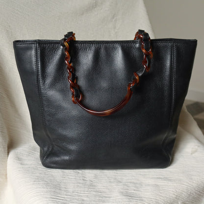 Chanel Vintage Black Caviar Leather Tortoise shell Strap CC mark Shoulder Bag