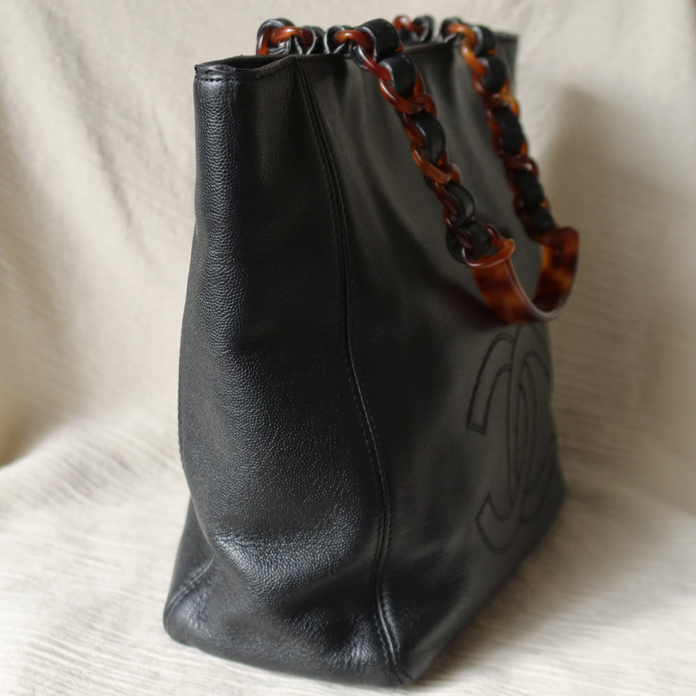 Chanel Vintage Black Caviar Leather Tortoise shell Strap CC mark Shoulder Bag