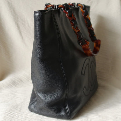 Chanel Vintage Black Caviar Leather Tortoise shell Strap CC mark Shoulder Bag