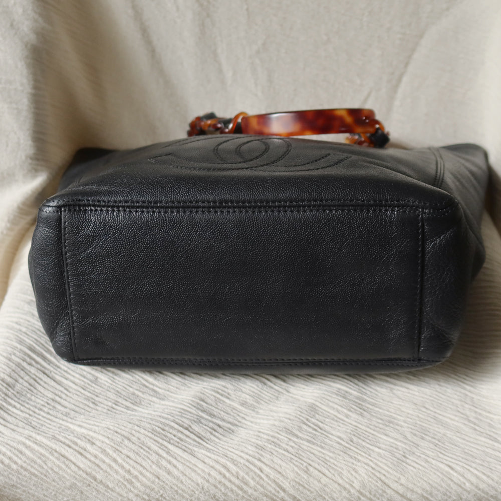 Chanel Vintage Black Caviar Leather Tortoise shell Strap CC mark Shoulder Bag