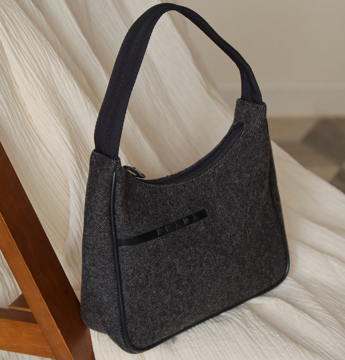 Prada Vintage Charcoal Grey Wool x Nylon Hobo Bag