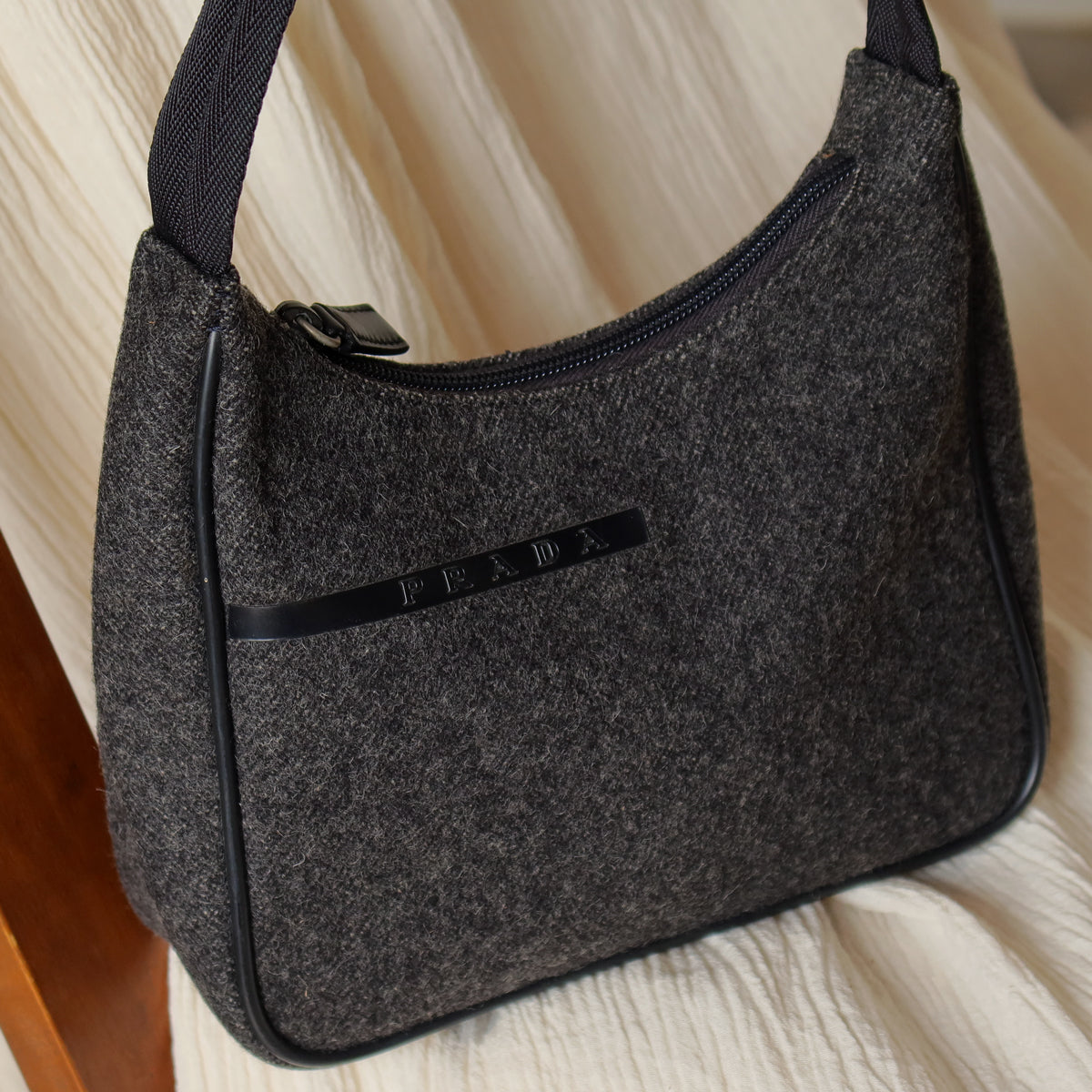 Prada Vintage Charcoal Grey Wool x Nylon Hobo Bag