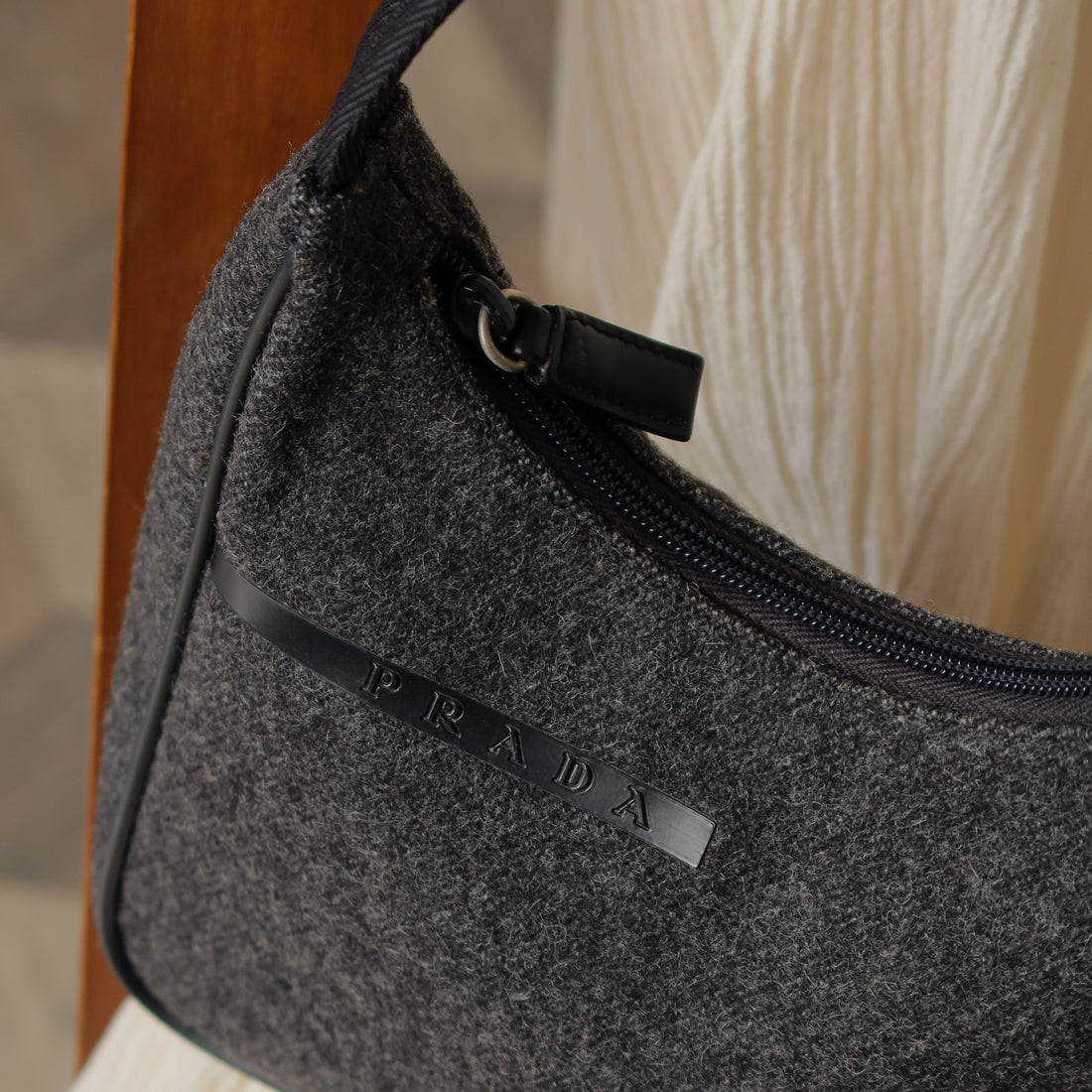 Prada Vintage Charcoal Grey Wool x Nylon Medium Hobo Bag