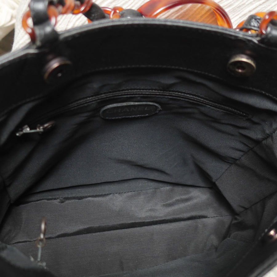 Chanel Vintage Black Caviar Leather Tortoise shell Strap CC mark Shoulder Bag