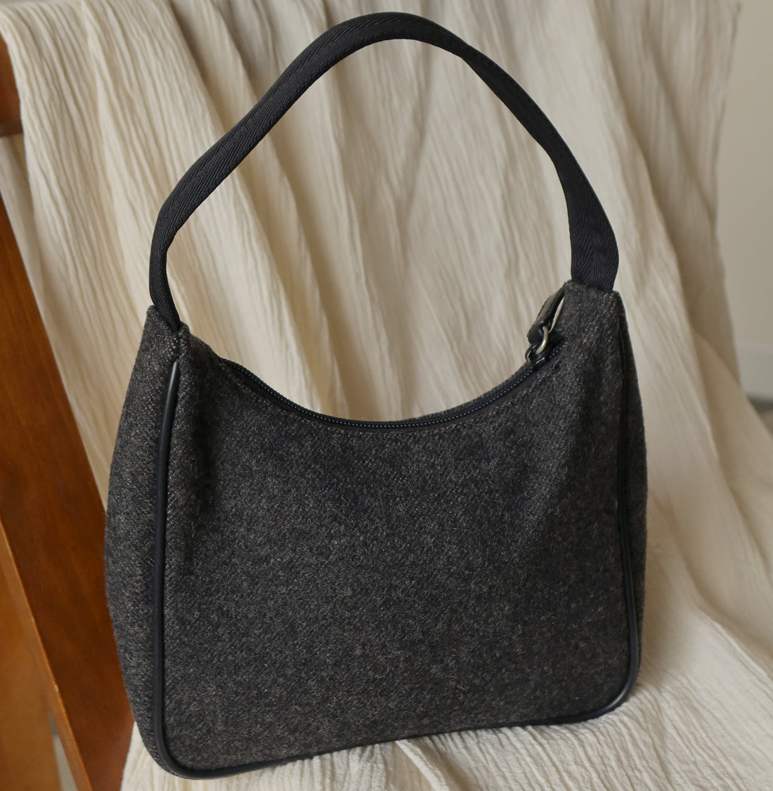 Prada Vintage Charcoal Grey Wool x Nylon Hobo Bag