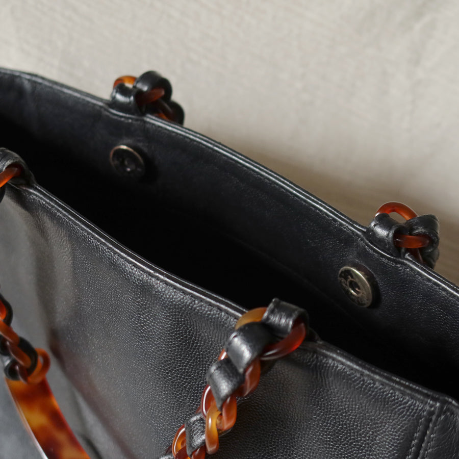 Chanel Vintage Black Caviar Leather Tortoise shell Strap CC mark Shoulder Bag