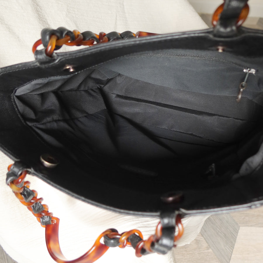 Chanel Vintage Black Caviar Leather Tortoise shell Strap CC mark Shoulder Bag