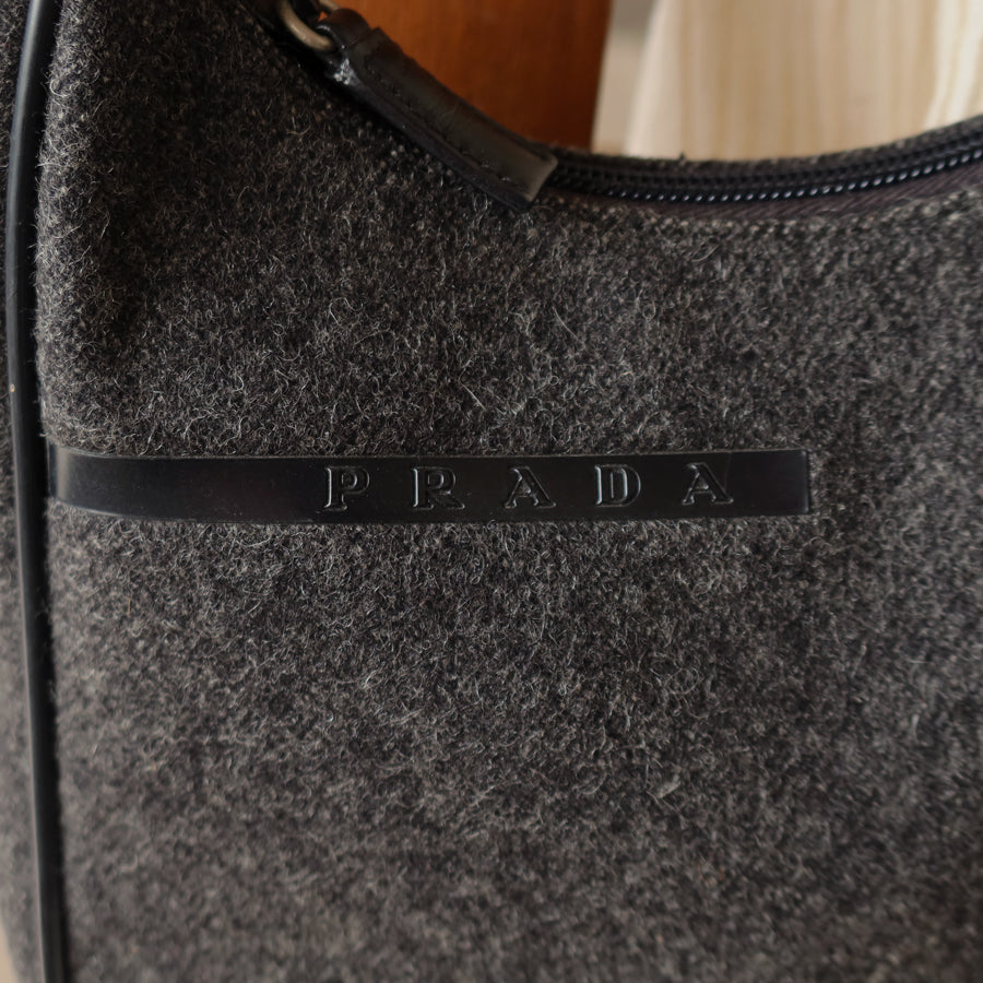 Prada Vintage Charcoal Grey Wool x Nylon Medium Hobo Bag