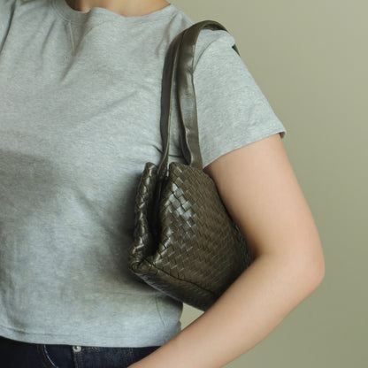 Bottega Veneta Vintage Dark Olive Intrecciato Weave Kiss Lock Mini Shoulder Bag