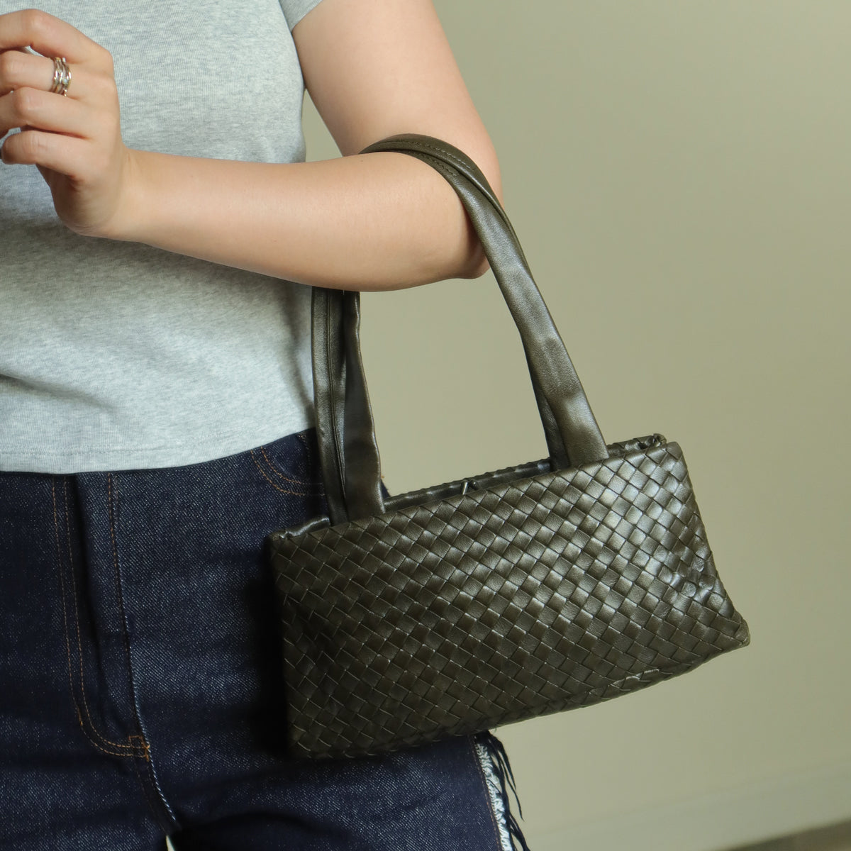 Bottega Veneta Vintage Dark Olive Intrecciato Weave Kiss Lock Mini Shoulder Bag