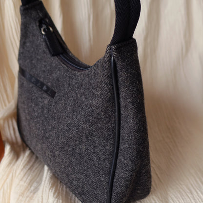 Prada Vintage Charcoal Grey Wool x Nylon Medium Hobo Bag