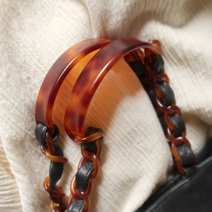 Chanel Vintage Black Caviar Leather Tortoise shell Strap CC mark Shoulder Bag