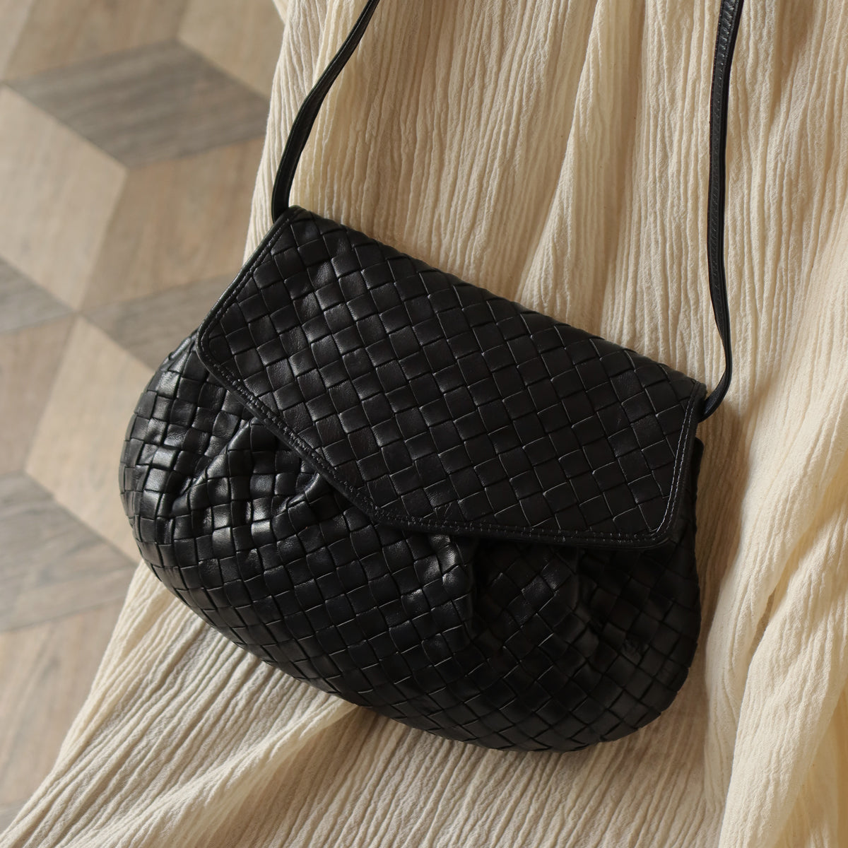 Bottega Veneta Vintage Black Intrecciato Weave Pouch Shoulder Bag