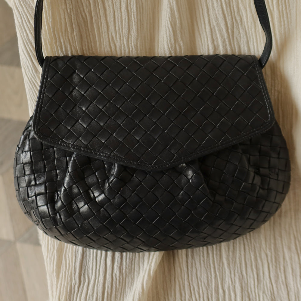 Bottega Veneta Vintage Black Intrecciato Weave Pouch Shoulder Bag