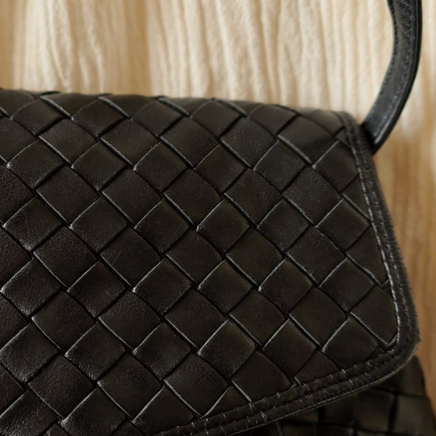 Bottega Veneta Vintage Black Intrecciato Weave Pouch Shoulder Bag