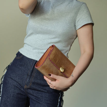 Bottega Veneta Vintage Brown Straw Leather 2way Clutch Shoulder Flap Bag